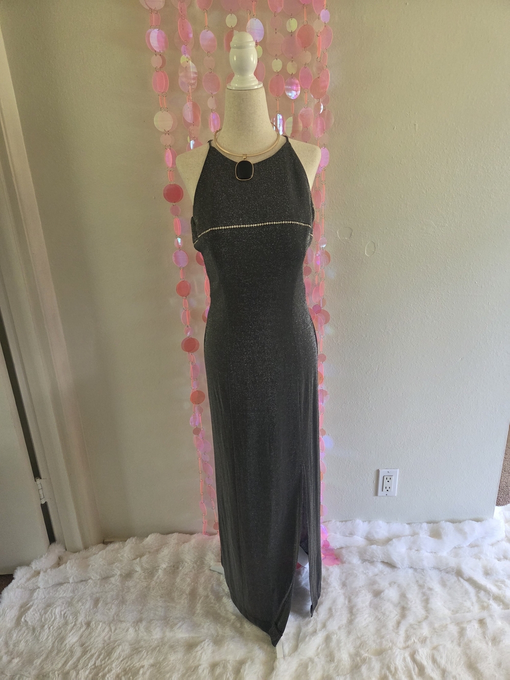 Vintage Betsey & Adam Y2K Silver Metallic Rhinestone Maxi Dress